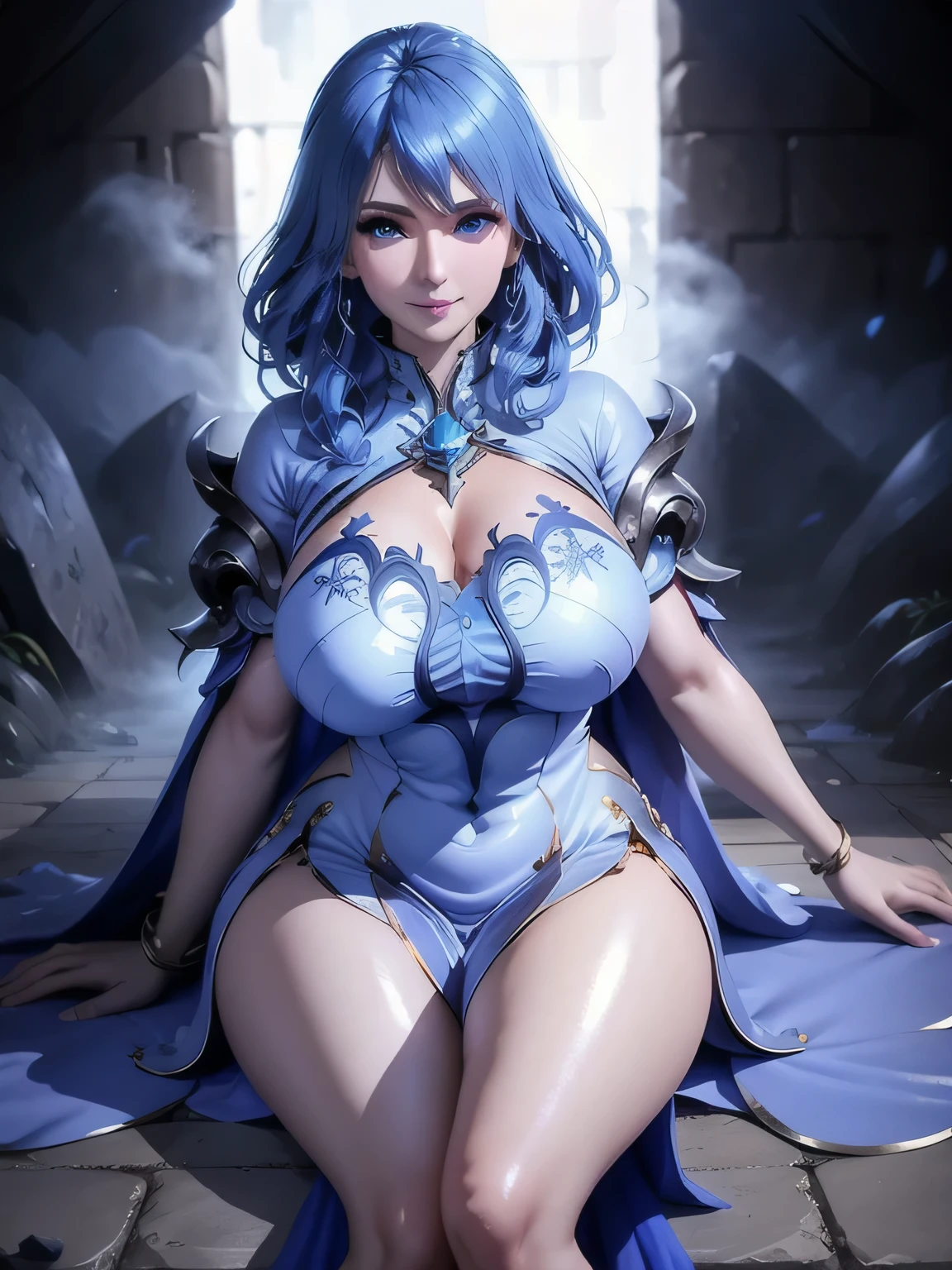masterpiece,Soul Land_Shui Bing'er ,best quality,Soul Land_Shui Bing'er black blue dress, gigantic breasts,muscle,in dungeon, looking at viewer, cowboy shot,blue hair, curvy, blue eyes,fog,drenched in sweat,pink cheeks,shiny suit ,smile without opening her lips,blue light,balanced eyes,plump body,jewelry,Detailed fingers ,round breasts,perfect face,mature face,blue cape,full body,white skin