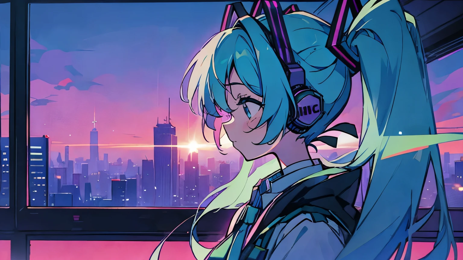Hatsune Miku、the 90s,dawn,Emotional,,Cassette tape headphones,profile,purple