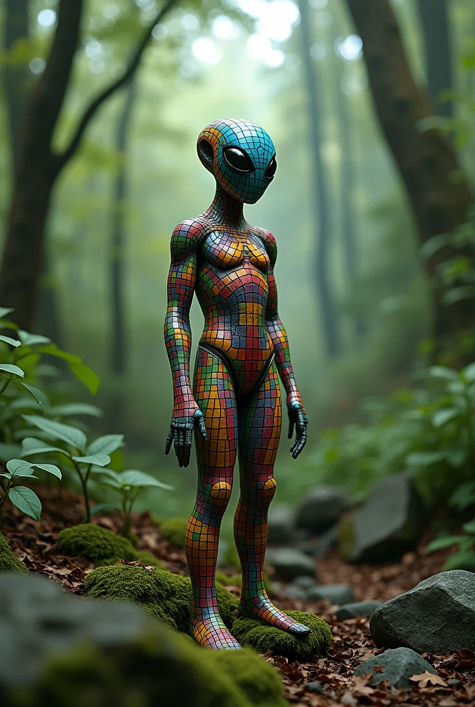 a ceramic alien sculpture in a lush dense forest, Colorful grid suit, highly detailed, intricate ceramic texture, photorealistic, 4K, realistic lighting, moody atmosphere, natural environment, mossy rocks, fallen leaves, sunlight filtering through the trees, serene and mystical, cinematic composition