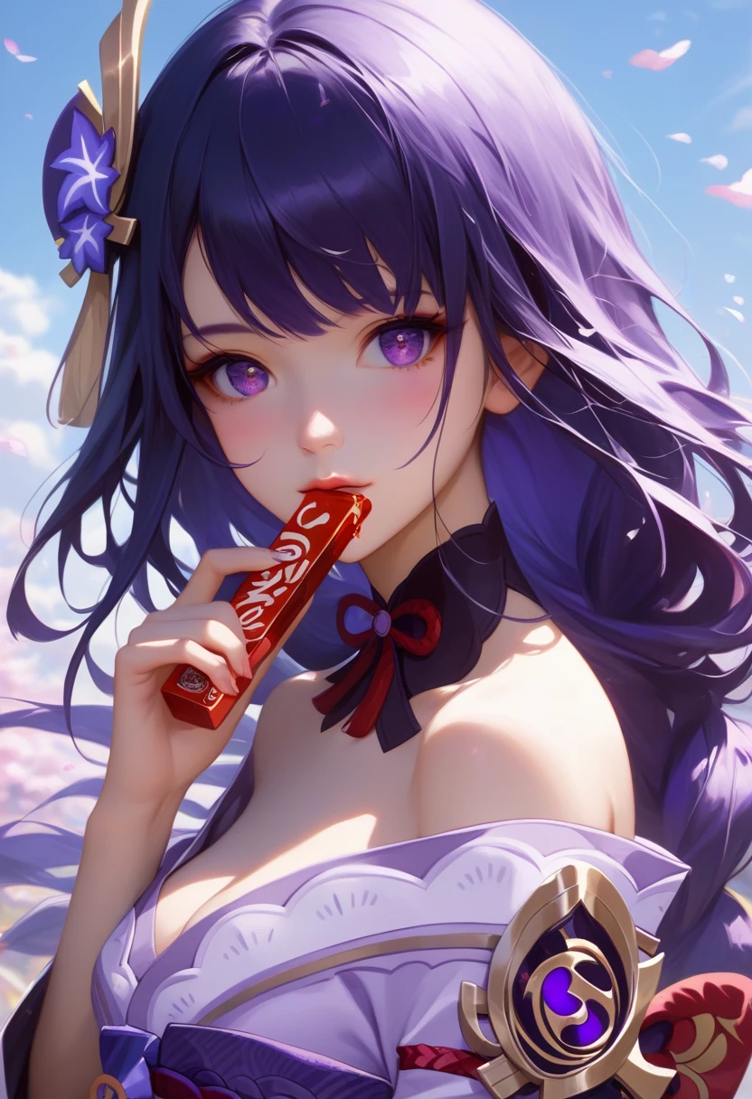 score_9, score_8_superior, score_7_superior,sauce_anime, High-resolution images,masterpiece,Highest quality,girl,Cute Face,Beautiful Skin,_Shogun_Genshin Impact,ベッドのsuperiorで寝転んでいる, Purple long hair