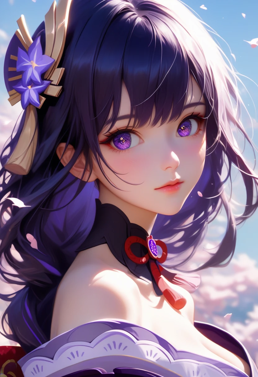 score_9, score_8_superior, score_7_superior,sauce_anime, High-resolution images,masterpiece,Highest quality,girl,Cute Face,Beautiful Skin,_Shogun_Genshin Impact,ベッドのsuperiorで寝転んでいる, Purple long hair