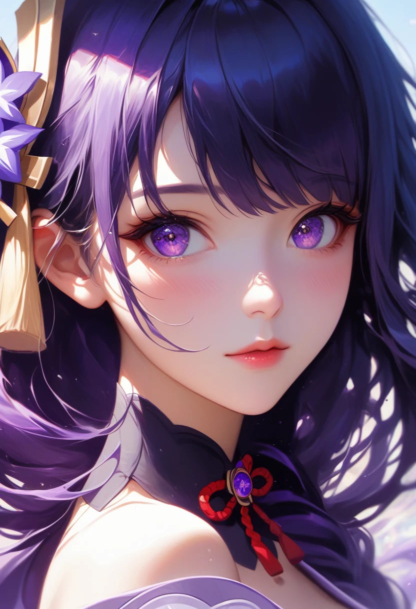 score_9, score_8_superior, score_7_superior,sauce_anime, High-resolution images,masterpiece,Highest quality,girl,Cute Face,Beautiful Skin,_Shogun_Genshin Impact,ベッドのsuperiorで寝転んでいる, Purple long hair