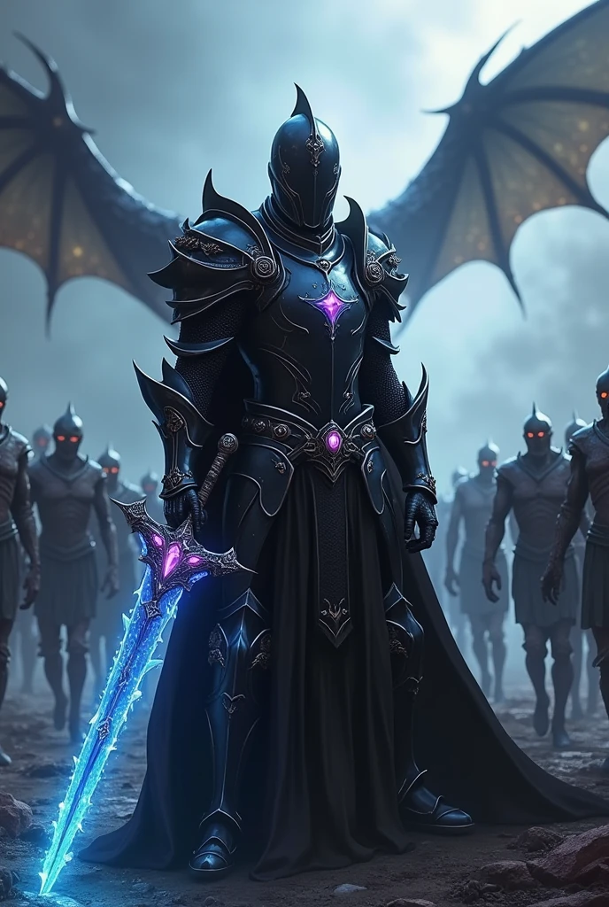 knight wearing black armor with ruby and amethyst gemstones , wielding an enchanted ice blade , behind him there is an army of zombies and a flying zombie dragon