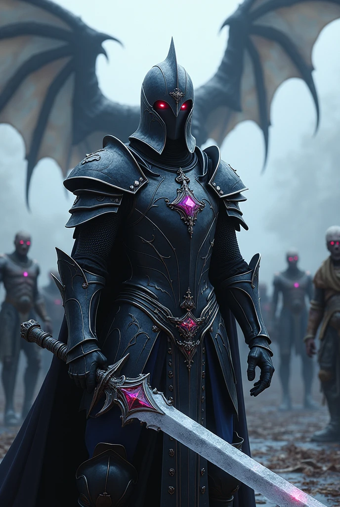 knight wearing black armor with ruby and amethyst gemstones , wielding an enchanted ice blade , behind him there is an army of zombies and a flying zombie dragon 