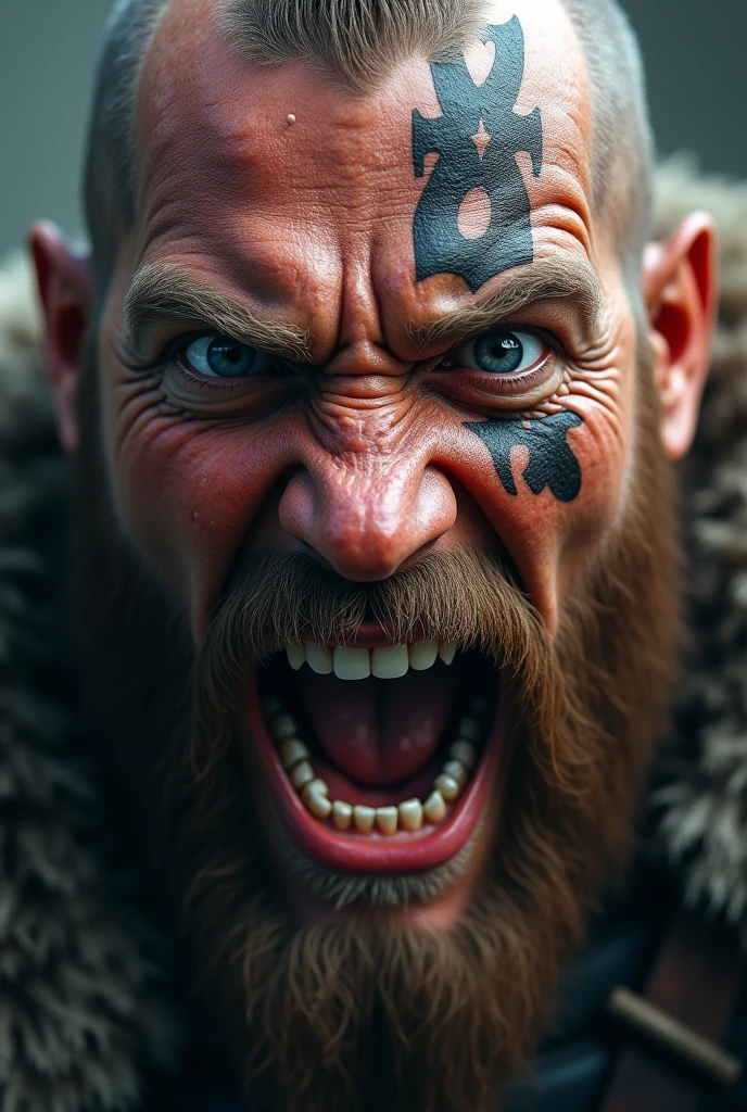 Realistic Viking warrior face screaming with teeth bared with a Norse tattoo around his eye and with his eyes open
