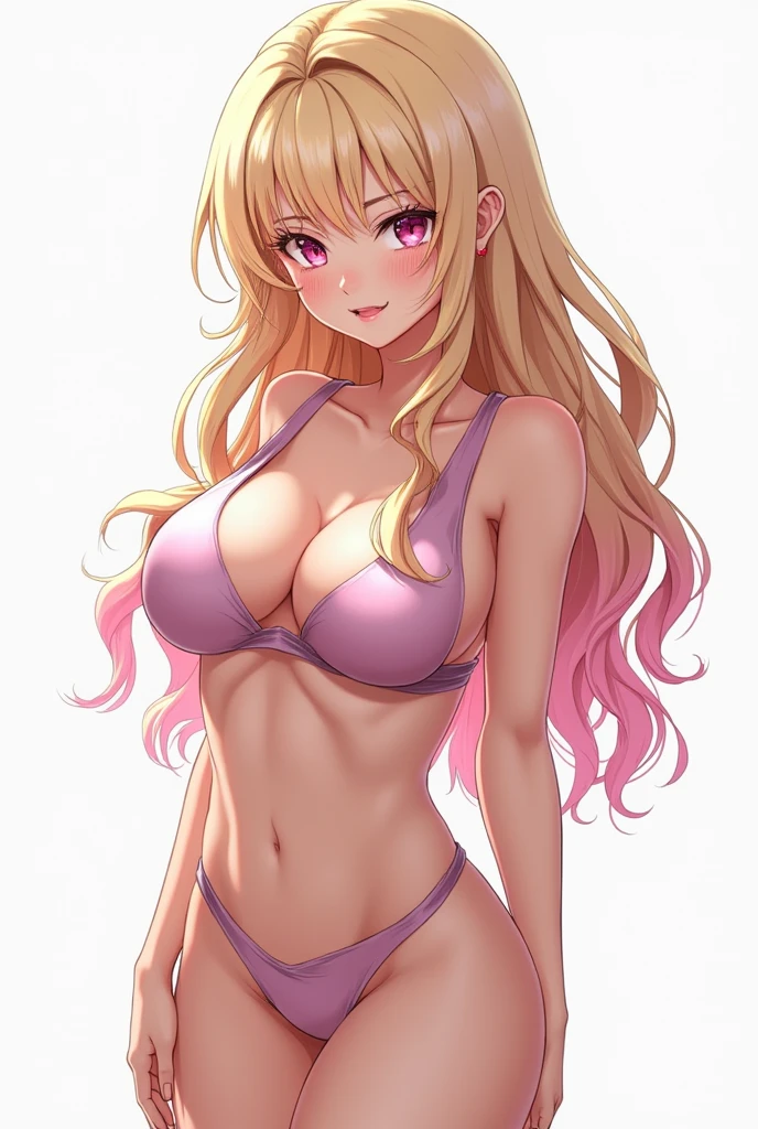 anime style, A young white woman, Her eyes are slanted and a deep pink color, Her hair is long to her hips and wavy and light blonde with pink tips., Her lips are medium, Her body is shaped like an hourglass, with quite a bust and big hips.