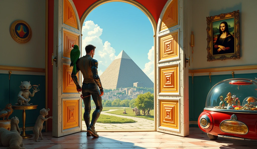 Un homme avec des vêtements futuristes pousse des deux mains des portes futuristes avec des figures géométriques de couleurs différentes sur la porte et devant lui une pyramide avec de l'herbe et des animaux ,le tout ressemblent à la peinture que j'ai publié et un robot et à côté devant une des portes et le personnage caucasien avec un Péroqué sur l'épaule et un aspect baroque est légèrement ajouté une soucoupe volante est ajouté et un extra terrestre petit gris,le personnage se tient droits les jambes légèrement écartées en poussant les portes il y a des mécanismes et horlogerie sur les portes et une voiture ancienne améliorée venus du futur ajouté une grande bouteille d'eau avec un bateau sur l'eau dans la bouteille et des poissons tout les détails son de la description sont dans l'image et n'oublions pas l'eau dans la bouteille avec les poissons avec le tout il faudrait un tableau de la Joconde accroché au mur