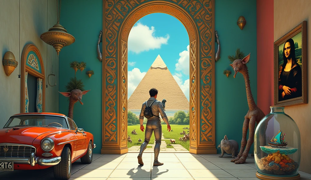 Un homme avec des vêtements futuristes pousse des deux mains des portes futuristes avec des figures géométriques de couleurs différentes sur la porte et devant lui une pyramide avec de l'herbe et des animaux ,le tout ressemblent à la peinture que j'ai publié et un robot et à côté devant une des portes et le personnage caucasien avec un Péroqué sur l'épaule et un aspect baroque est légèrement ajouté une soucoupe volante est ajouté et un extra terrestre petit gris,le personnage se tient droits les jambes légèrement écartées en poussant les portes il y a des mécanismes et horlogerie sur les portes et une voiture ancienne améliorée venus du futur ajouté une grande bouteille d'eau avec un bateau sur l'eau dans la bouteille et des poissons tout les détails son de la description sont dans l'image et n'oublions pas l'eau dans la bouteille avec les poissons avec le tout il faudrait un tableau de la Joconde accroché au mur