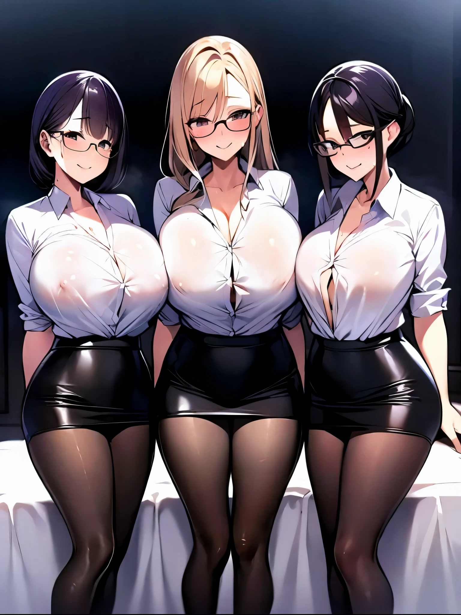 （（super high quality,））（（Ultra-high resolution,））（16K,）（super masterpiece,）（（Ultra HD ,））（Detailed shading,）Three sexy mature women,Side by side,Office Lady,（（popped Tight collar White shirts,））Unbutton the third button,Black tight skirt,Glasses,blush,Lewd smile,Sweaty,Bedroom at night,