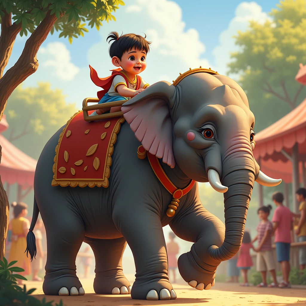 The elephant was a new ride for him. So he jumped and sat on the elephant