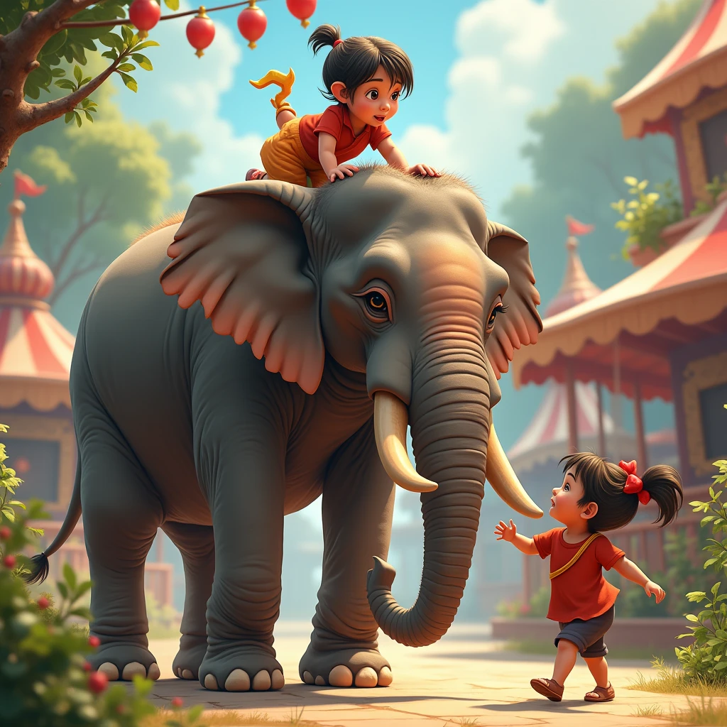 The elephant was a new ride for him. So he jumped and sat on the elephant