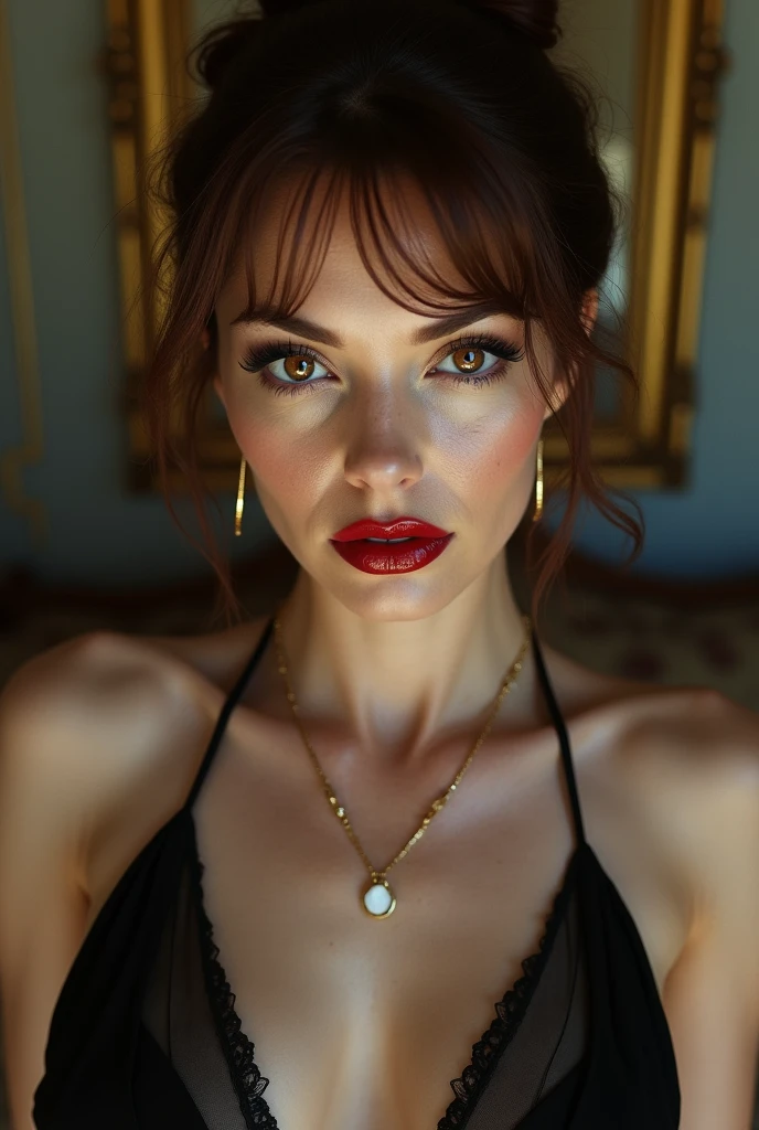 (Please open your mouth wide:1.9), (Semen-covered .:1.8), (Frightened expression:1.5), (A look of contempt:1.5), Luxury hotel interior, Browsing Caution, masterpiece, Highest quality, Accurate, 超High resolution, retina, Very detailed, Awards, High resolution, Anatomically correct, (Realistic:1.4), RAW Photos, (Soft Saturation:1.3), (Fair skin:1.2), 8k, 1 person, Mature adult woman, Beautiful evil, Evil and nasty sexy women, (Perfectly beautiful woman, A perfectly beautiful face, Perfectly beautiful eyes, perfectly beautiful nose, perfectly beautiful nose孔, perfectly beautiful lips), (Chestnut-colored hair tied on top of the head), (Compensate:1.3), (Eye Reflexes:1.3, Solid Circle Eye, Ring-shaped eyes, Sparkling eyes:1.2, Long eyelashes:0.7, Amber Eyes), (Crystal Earrings, Shiny gold necklace), (Captivating smile:1.4, Cruel smile:1.4), (dark red lips:1.3, Glossy Lips:1.5,Lip reflection:1.5),  (clavicle, Cleavage, Huge saggy breasts, Silk dress:1.5), (Detailed texture of wrinkles on clothing:1.3), Looking at the audience, POV, Bukkake.naked . beautiful tits.