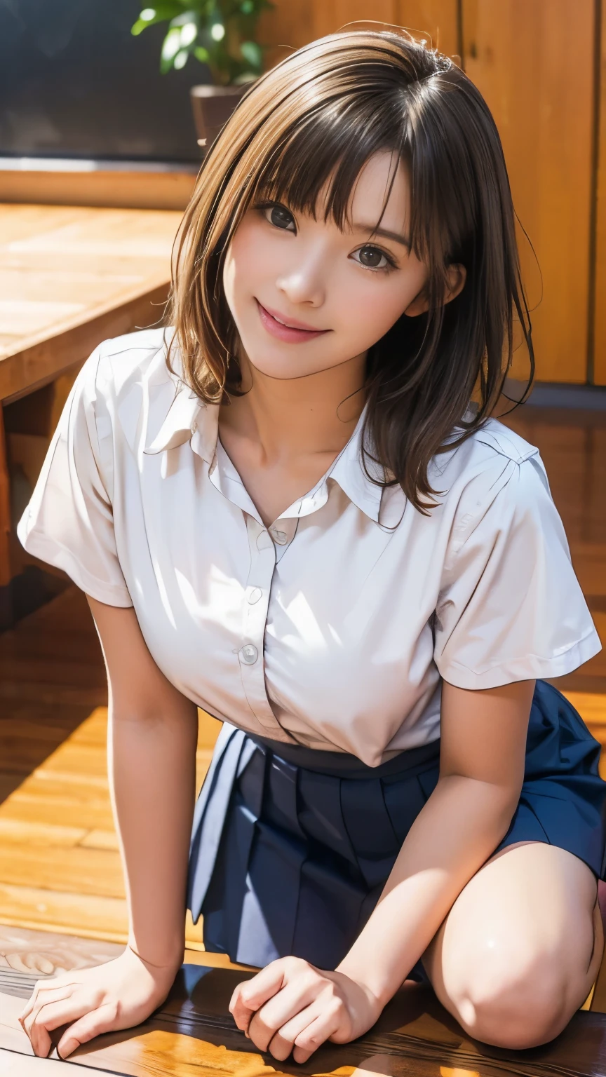 Looking up at the camera from your feet:1.2、Low angle shot:1.2,The most beautiful smile:1.5、best quality, Female high school student:1.5, Medium chest, Pleated Skirt:1.5, Medium-length curly hair, Beautiful light brown hair, White shirt, Expose:1.2,
