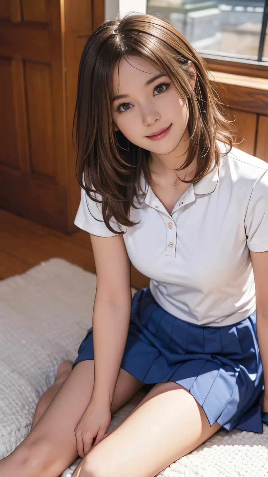 Looking up at the camera from your feet:1.2、Low angle shot:1.2,The most beautiful smile:1.5、best quality, Female high school student:1.5, Medium chest, Pleated Skirt:1.5, Medium-length curly hair, Beautiful light brown hair, White shirt, Expose:1.2,