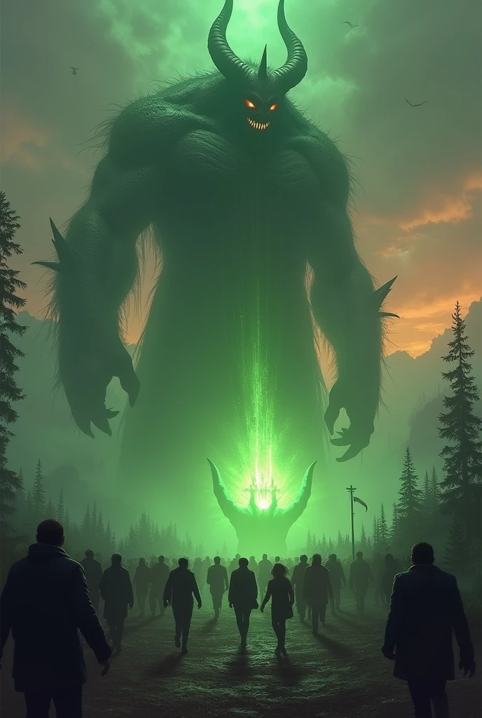 an gigantic ancient demon is barely visible inside the twilight, he is absorbing souls to his shining green scary lamp, people are scared running from him at bottom