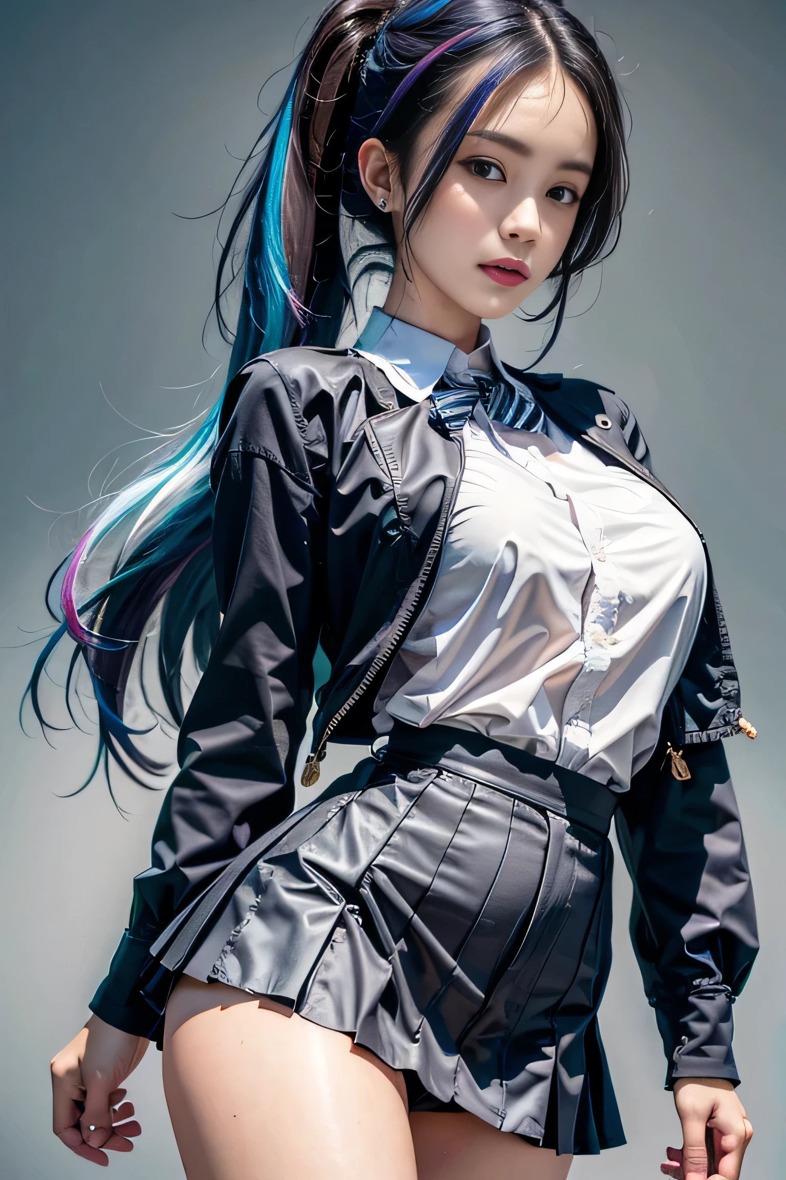 Photorealistic, High resolution, Soft light,1womanl, Solo, hips up high, (Detailed face),The tattoo, Jewelry, Current School Classrooms,On the podium,Wear a uniform、(Black flared skirt),Bigchest,low chest, Long hair、((poneyTail))、((up skirt))、((mix4))、((appearance々Colored panties))、((Farbe々Colored hair))
