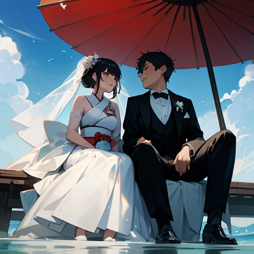 Japanese woman, Japanese man, two men and women, a woman wearing a wedding dress, a man wearing a tuxedo, two people sitting on one swing together, the background is only the sea and the sky, two people are sitting shoulder to shoulder, looking from the side, looking from below, woman on the left, man on the right,