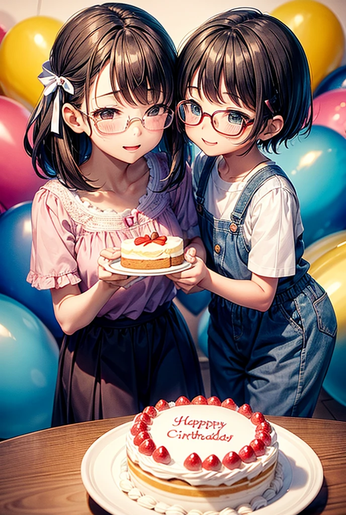 A father and his five-year-old daughter celebrating their birthday together、Heartwarming illustrations。My father was clean shaven、She has a clean-cut face.、She has short, asymmetrical brown hair.。The father is wearing a casual shirt、Wearing simple glasses。My daughter happily eating her birthday cake.、Smiling kindly and watching over。My daughter has a little ribbon in her hair.、Dressed in pretty festive clothes、Enjoying the cake。The illustrations have a soft and warm atmosphere.、Drawn in pastel colors and soft lines.。There are balloons and decorations in the background.、There is a fun and celebratory mood。The overall image is、Affectionate、Joyful、Heartwarming scene