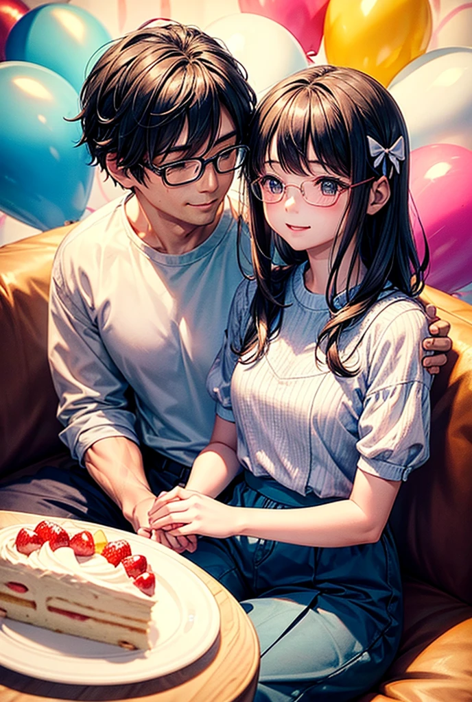 A father and his five-year-old daughter celebrating their birthday together、Heartwarming illustrations。My father was clean shaven、She has a clean-cut face.、She has short, asymmetrical brown hair.。The father is wearing a casual shirt、Wearing simple glasses。My daughter happily eating her birthday cake.、Smiling kindly and watching over。My daughter has a little ribbon in her hair.、Dressed in pretty festive clothes、Enjoying the cake。The illustrations have a soft and warm atmosphere.、Drawn in pastel colors and soft lines.。There are balloons and decorations in the background.、There is a fun and celebratory mood。The overall image is、Affectionate、Joyful、Heartwarming scene