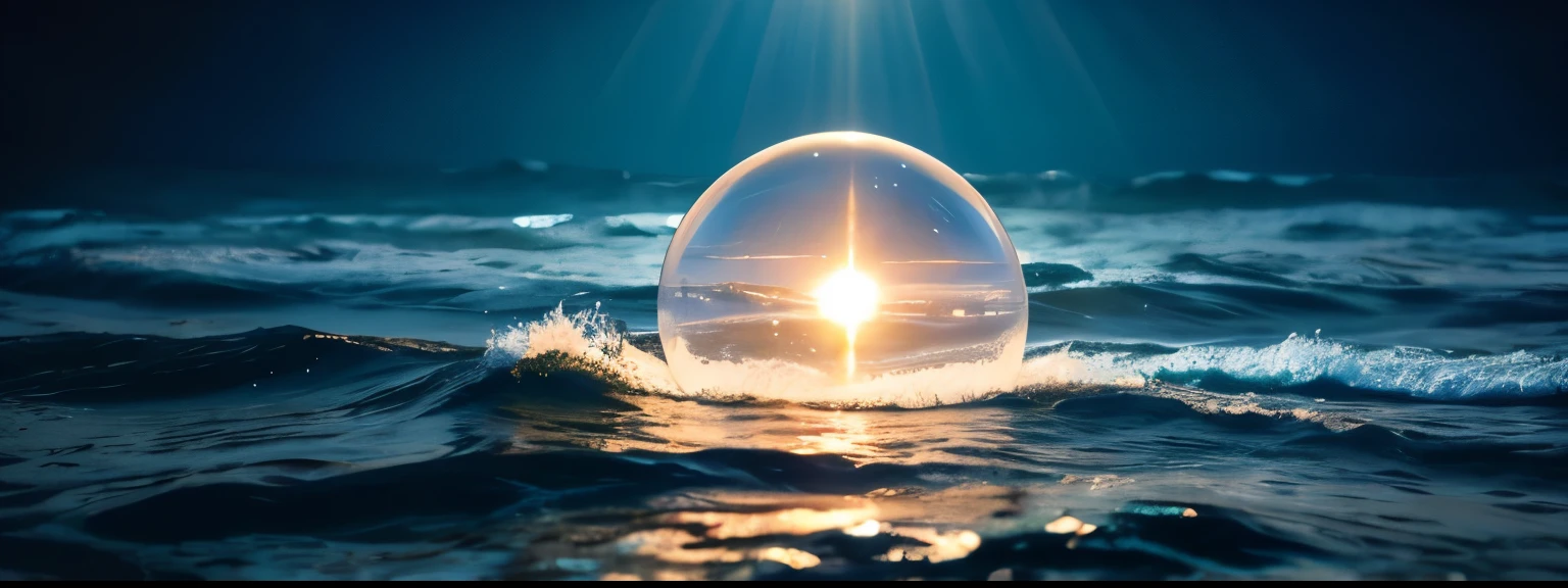 Glowing ocean. Mystical image. Light reaches the ocean floor. Sphere on the ocean floor. Space is inside the sphere. Precise and detailed 3D image.