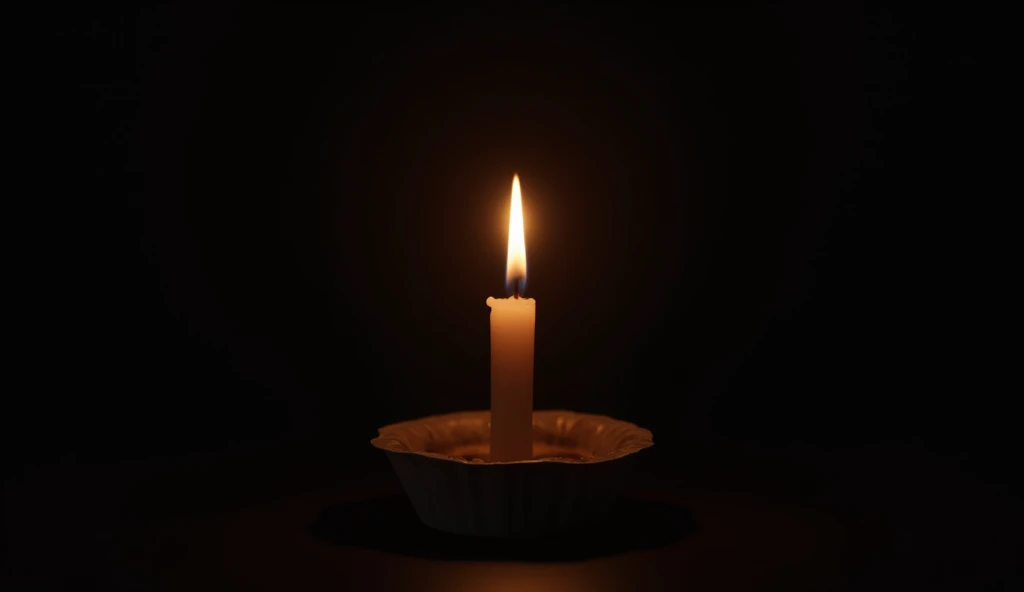 A lit candle in a dark room, symbolizing the light of humility in difficult times. The background is completely dark, focusing on the candle flame. Emotions of hope and peace.