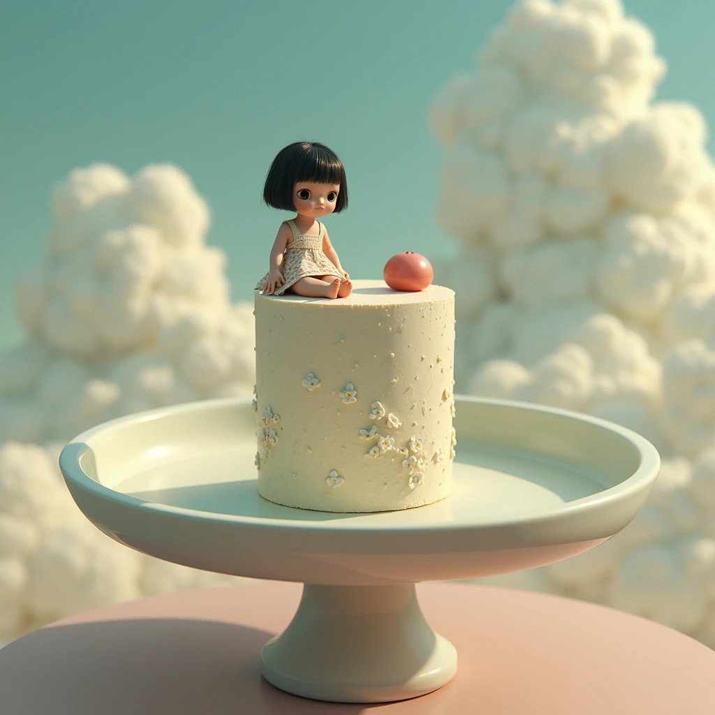 Photo realistic:1.4, Realistic:1.2, Realistic face and eyes:1.5, Realistic skin:1.3, Surreal photo, Surreal, One Japanese girl, , cute, Adorable, Flower-side one-piece dress, A cake on a large ceramic plate, The cake is taller than her., cake:1.4, She is sitting on the edge of the plate, From above:1.4, UHD, masterpiece, anatomically correct, textured skin, super detail, high details, high quality, best quality