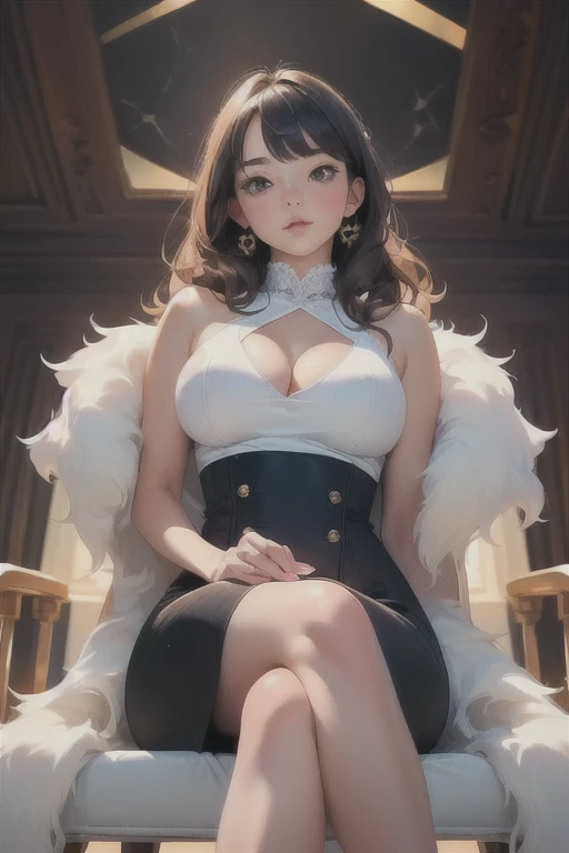 ((Best Quality)), ((masterpiece)), (detailed), 1 girl, with tight black dress, ((crossing legs)),((sitting)), white panties, big breasts,wavy fur,looking at the viewer,((Whole body)),((views)),((view from below