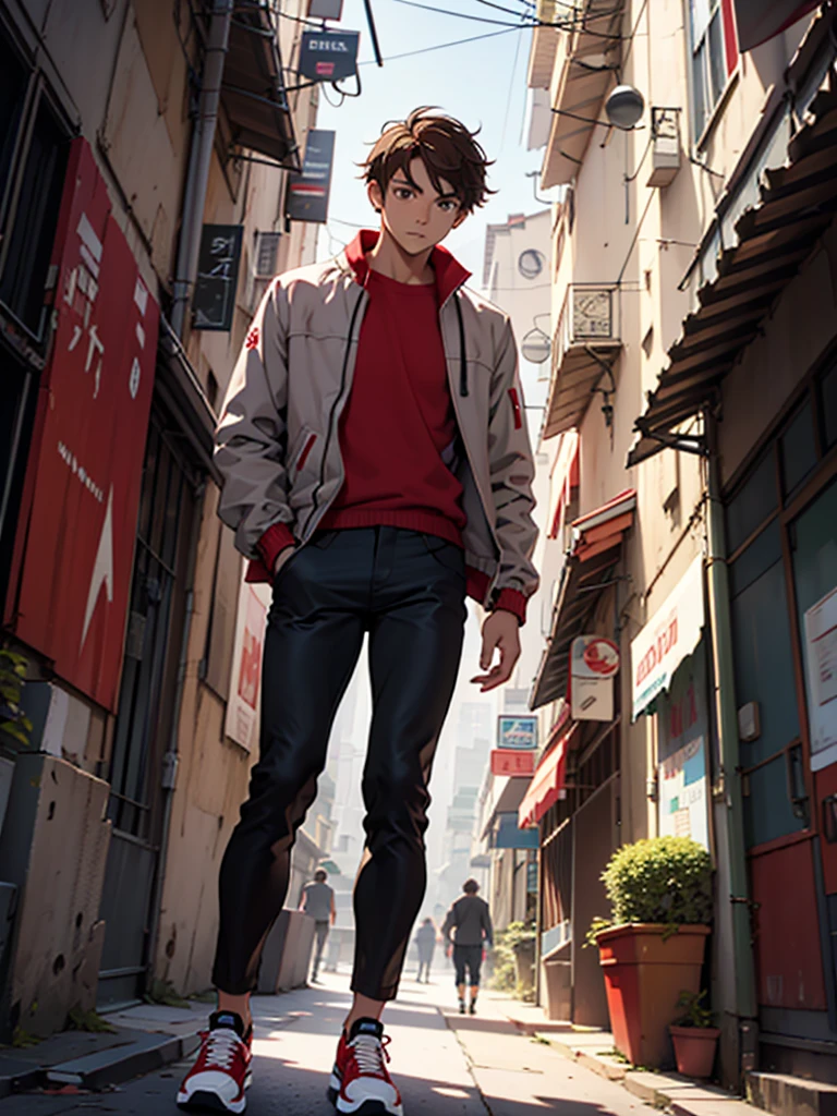 A boy, slightly dark brown hair, skin fair, lightbrown eyes, light gray jacket, Red shirt, black pants, Red sneakers, looking at the camera, Setting of a futuristic city