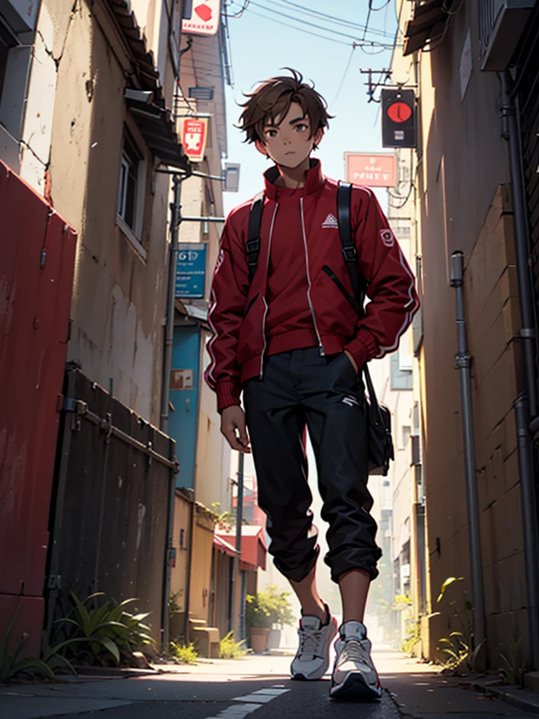 A boy, slightly dark brown hair, skin fair, lightbrown eyes, light gray jacket, Red shirt, black pants, Red sneakers, looking at the camera, Setting of a futuristic city