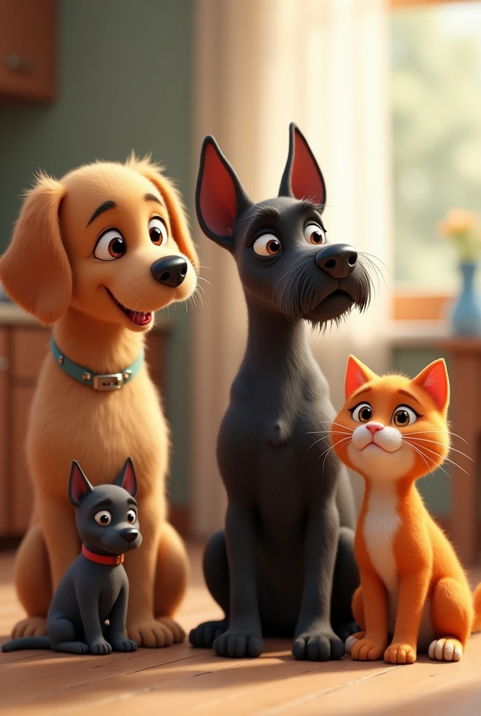 A golden retriever, a female small schnauzer black, a small tin black Pinscher and an orange cat