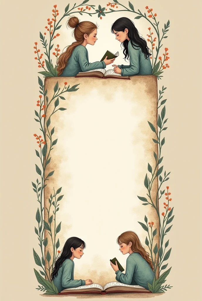 a bookmark at least 14 cm long and 5 cm wide, that has illustrations and profiles, margins or decorations but journal style, related to reading or reading habits, with some free spaces to write messages