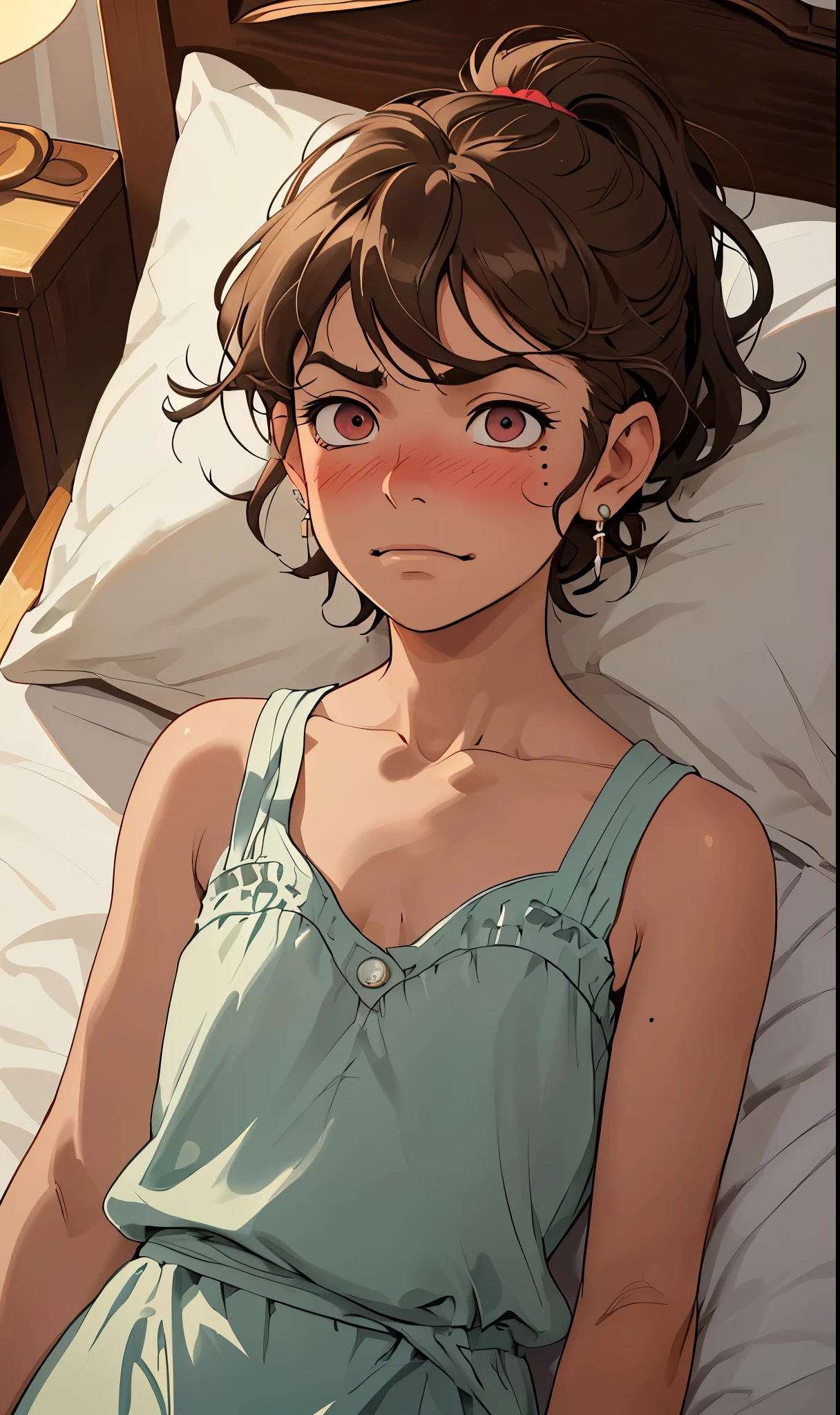 1 child, Alone, looking at the viewer, short hair, fringe, Brown hair, hair between eyes, Hair in front of the ears, wavy hair, hair over the shoulder, short ponytail, Pompadour, mullet, earrings, blush, Closed mouth, shy, ashamed, Frowns, look, highly strung, expressions, eyebrow raised, eyes wide open, blush completo, disdain, grin, long eyelashes, mole under the eye, nosebleed, simple background, throw, lying down, in bed, point of view slightly from aboveScar on the eye, blurred, image fill, Reflection light, bright light, full hd, Digital art, Color Ghibli, hyperdetailed, Icon style, Soft colors, Soft lighting, illustration, c4d, 