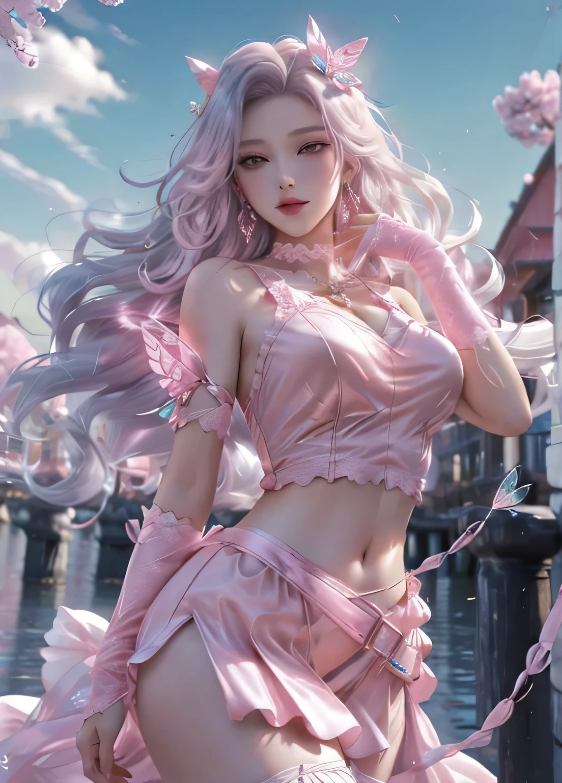 8K, ultra hd, masterpiece, hd colors, 1 girl, perfect face, very long curly hair, detailed eyes, detailed clothing, ((pink clothing)), stocking, lace, ((white sardine)), straps, Pendant, net clothing, loops, bare waist, jwellery, ornaments, waterside, Realistic scenery, epic scenery, sun rising, evening, clouds, Butterfly, cherry blossom, flowing wind, perfect pose,