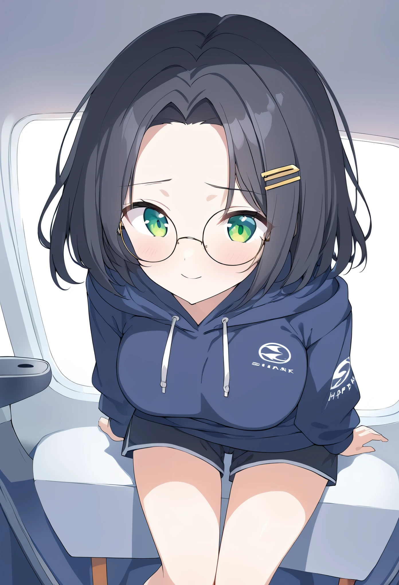 score_9, score_8_up, score_7_up, rating_explicit, score_anime, masterpiece, best quality, delicate illustration, sharp line, sharp focus, break (portrait:1.3), 1girl, (happy:1.3),clothed, break 
(black hair, short hair, wavy hair, forehead, green eyes, round glasses, gold hair clip, medium breasts, 2 woman), oversized navy hoodie, short pants, subaru-logo, 