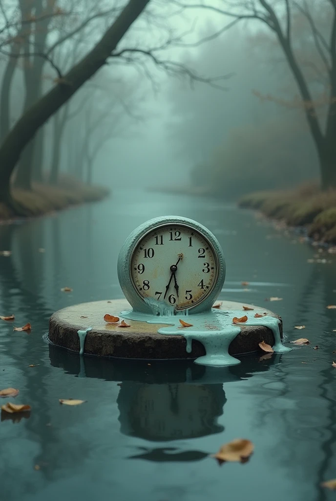 a clock on a table in the river melting fallen