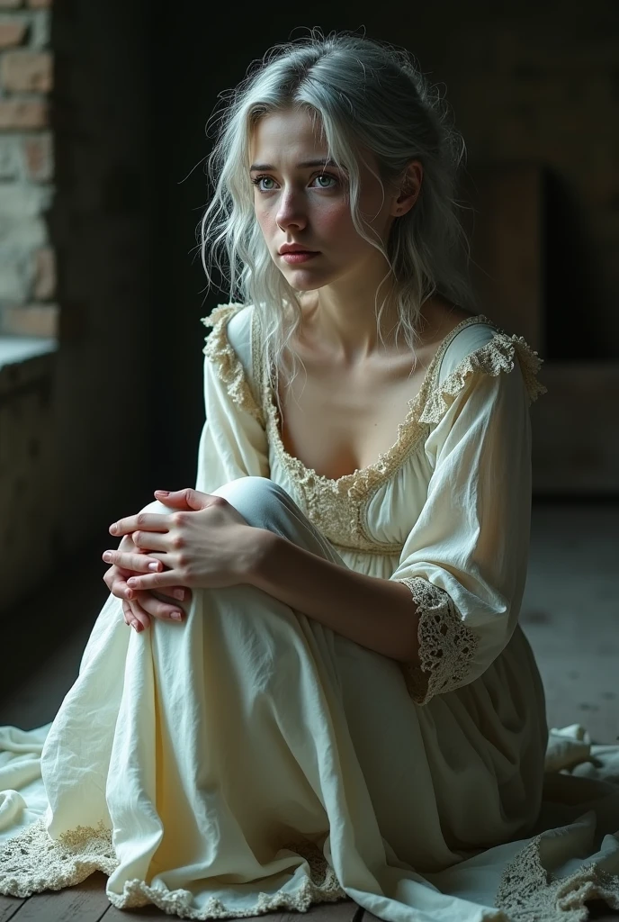 A single girl (1) 25years old, with pale skin, silver-colored hair, disheveled, open green eyes, expression of pain and despair, dressed in a nightgown from the 1500s, sitting on the floor hugging her knees