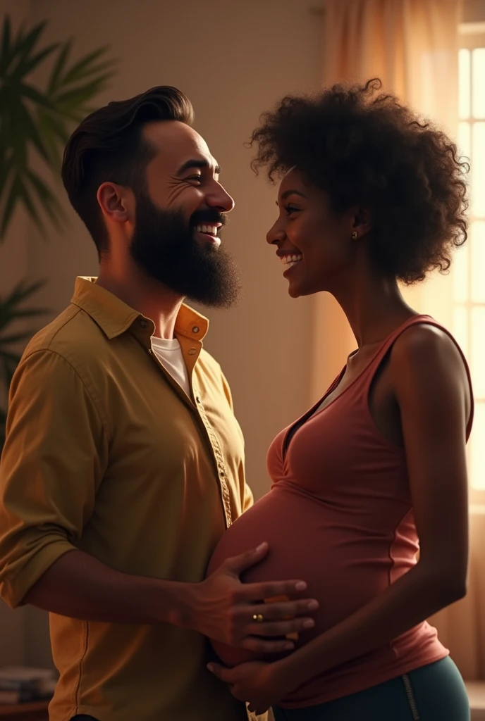 Bearded white man laughing with pregnant black woman