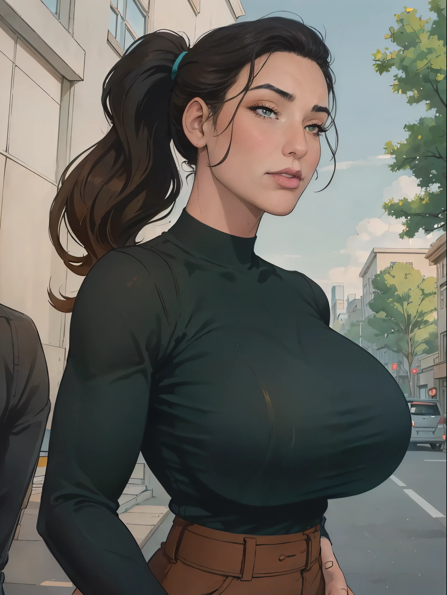 Gorgeous and sultry busty athletic (thin) brunette woman with sharp facial features wearing a ponytail, modest black top, long sleeves, wide neck, dark green pants, modern, apartment, city, exterior, trees, urban street, midday, blue skies.
