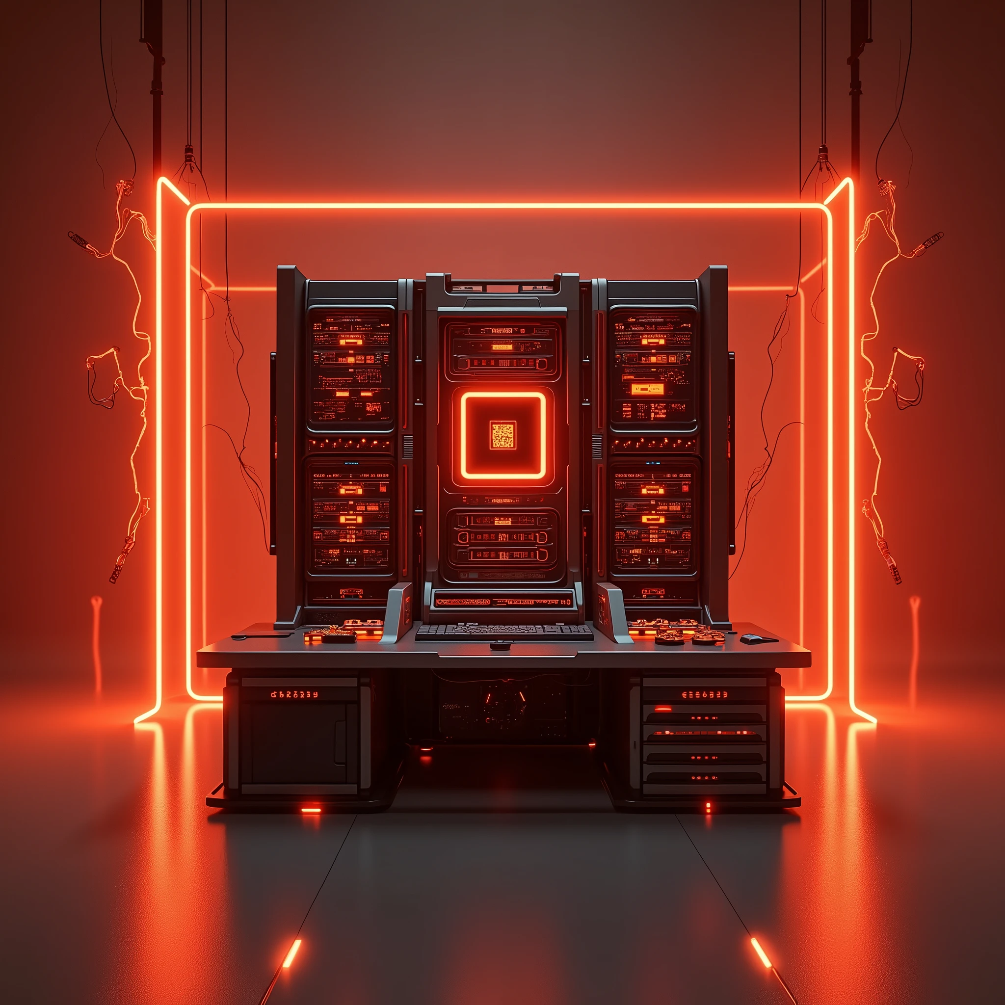 A machine power running workstation,There are disk arrays and fiber optic machines on the workstation,There is also a firewall,The machine emits orange-red light.,There are two technological light curtains next to it.,And some wires,Add red electricity element,Need a fantasy sci-fi future style,The periphery of the screen is flashing orange-red light,More sci-fi,More dreamy,The background is clean brown-red and not cold-toned,Clean background,Don't have too much stuff