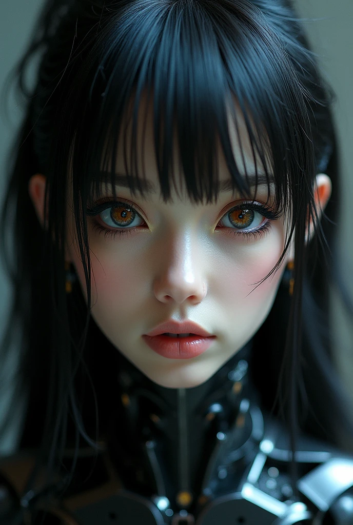 beautiful girl, black hair, bangs and long ponytail, natural red eyes, strongly outlined gothic style eyes, she is a mix of human and robot, perfectly synchronized, with high detail, a perfect mix at the same time marks the difference between human and robotic, she looks expressively at the camera in a close-up detailing her beauty, cinematic lighting, 8k, masterpiece