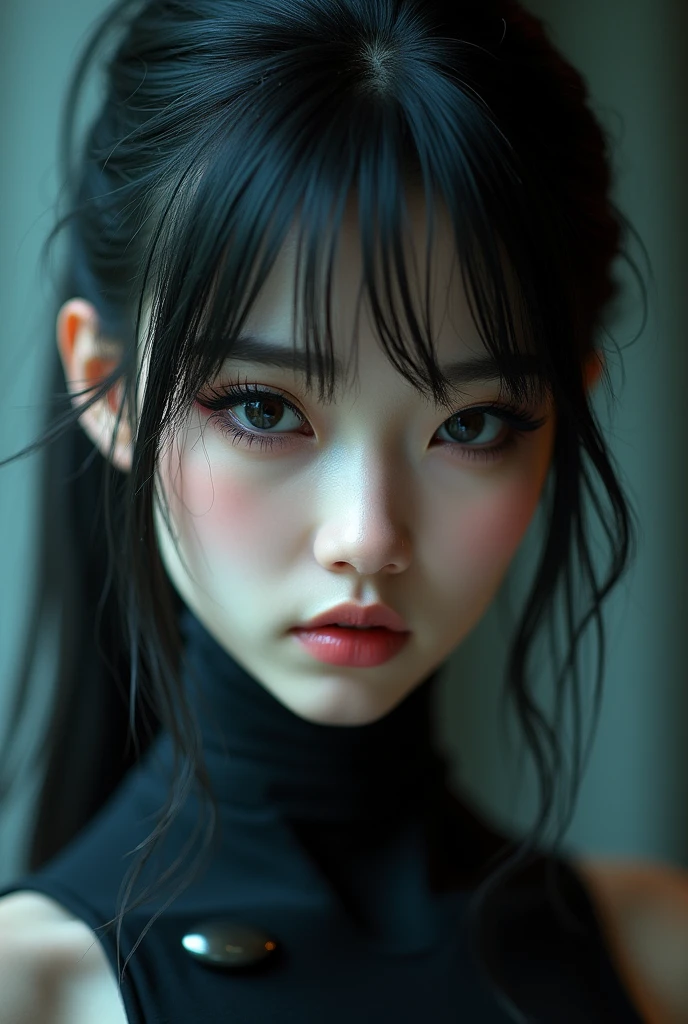 beautiful girl, black hair, bangs and long ponytail, natural red eyes, strongly outlined gothic style eyes, she is a mix of human and robot, perfectly synchronized, with high detail, a perfect mix at the same time marks the difference between human and robotic, she looks expressively at the camera in a close-up detailing her beauty, cinematic lighting, 8k, masterpiece