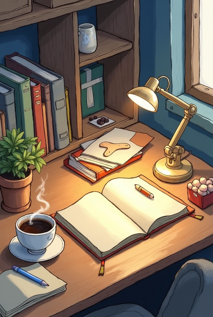 drawing that looks like hand-drawn, on a desk where there is a notebook, A cup of coffee, a desk lamp and some medical books.
