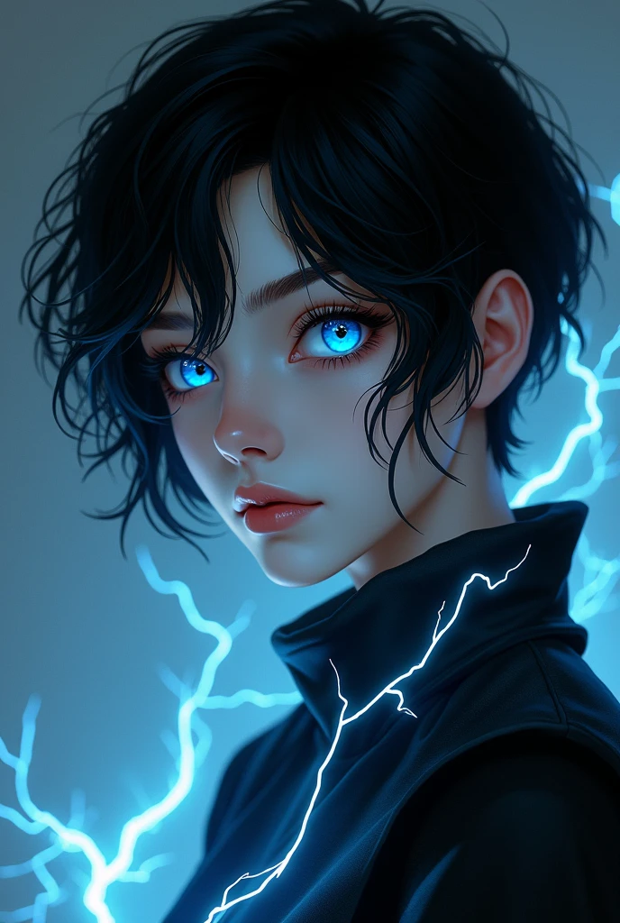  adult with black hair, electric blue eyes, black clothes, Tez blanca, with electrical powers