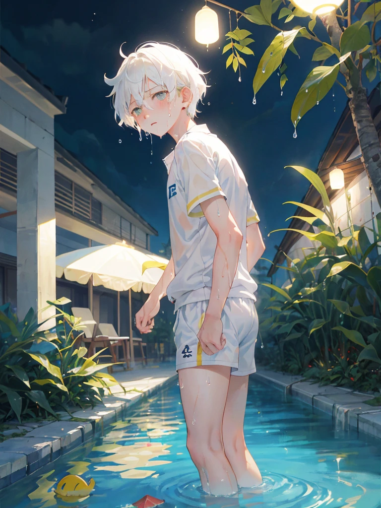 1boy, kenma, haikyuu, base in manga, handsome, sad, water, wet, night, jungle, white petals, yellow color hair, swimming outfit