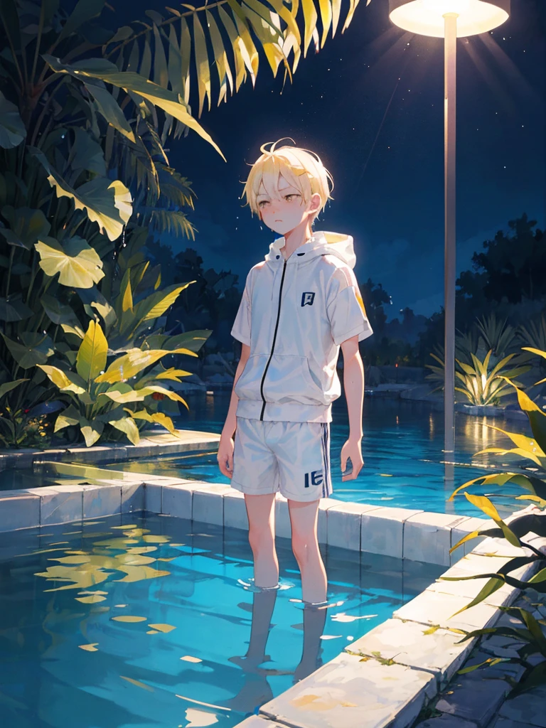 1boy, kenma, haikyuu, base in manga, handsome, sad, water, wet, night, jungle, white petals, yellow color hair, swimming outfit