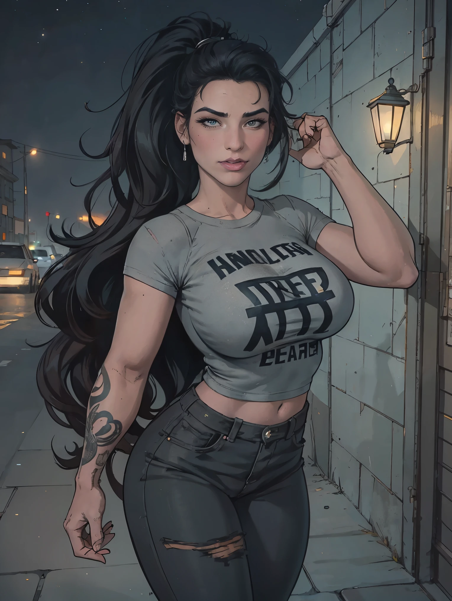 Extremely busty thin and toned brunette death metal girl, strung out, sleepy, stoned, fair skin, big hair, huge ponytail, hair pulled back, soft face, athletic, heavy makeup, piercings, grey t-shirt, grey tee shirt, studs, black pants, boots, fingerless gloves. black butterfly tattoos. standing in a dark alley at night. Outdoors, exterior, Nighttime. neon lights. (detailed background.)