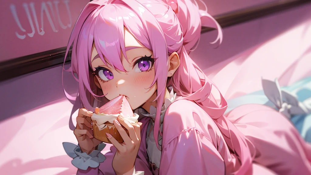 1girl, long pastel pink hair, light purple eyes, wearing cute pink dress, cafe, absurdres, high res, ultrasharp, 8K, masterpiece, eating desserts