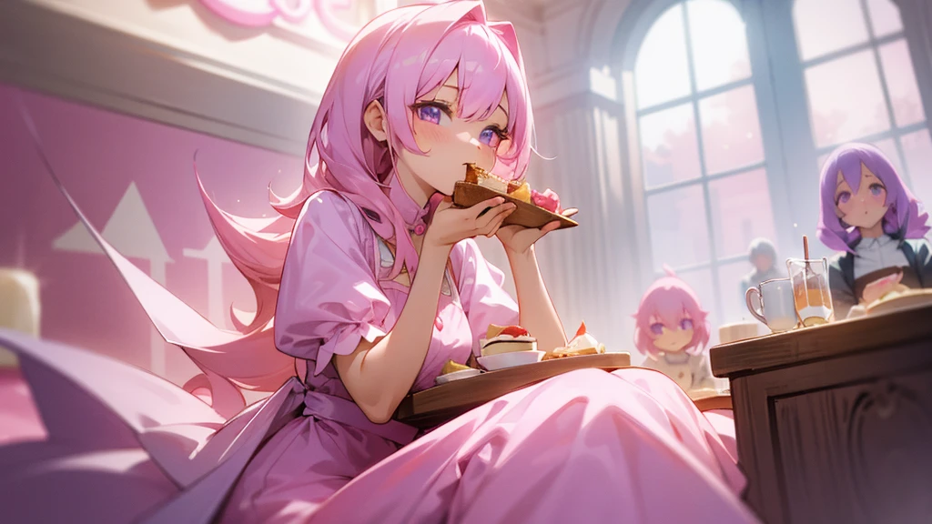 1girl, long pastel pink hair, light purple eyes, wearing cute pink dress, cafe, absurdres, high res, ultrasharp, 8K, masterpiece, eating desserts