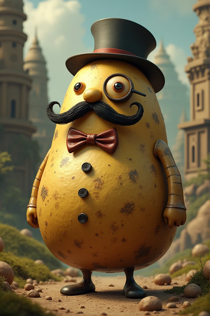 Hello! You could create a god of a religion that is a living potato that wears a mustache? I would like you to wear a hat, monocle and a bow