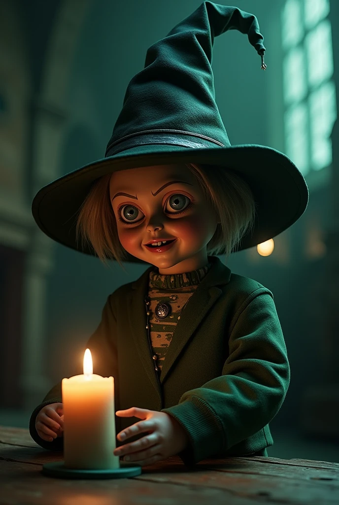 Chuck the killer doll with the sorting hat on his head being sorted into Slytherin